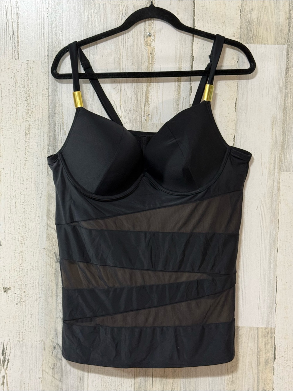 Cacique Swim Tank Black Sheer-Stripe Gold Accent Full Support Top